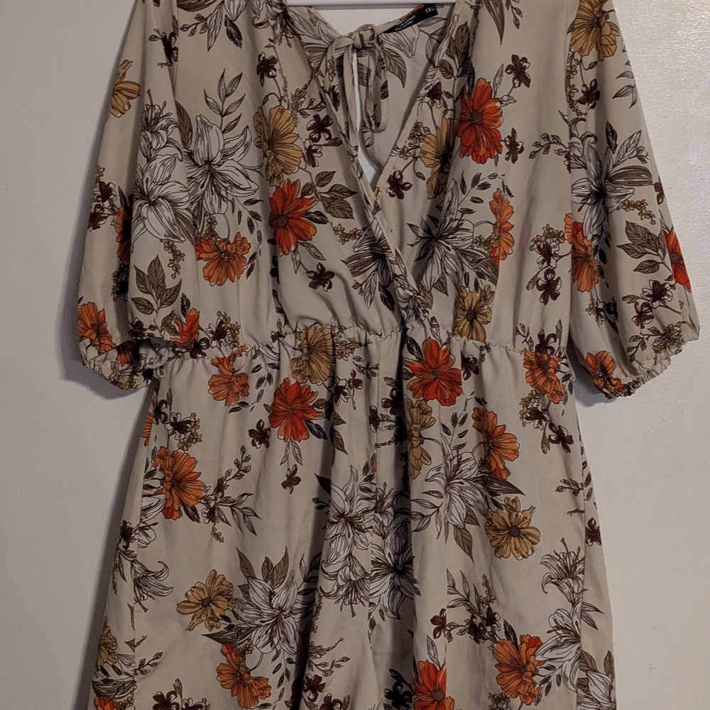 SHEIN Orange Midi Sundress with Puff Sleeves and V-Neck